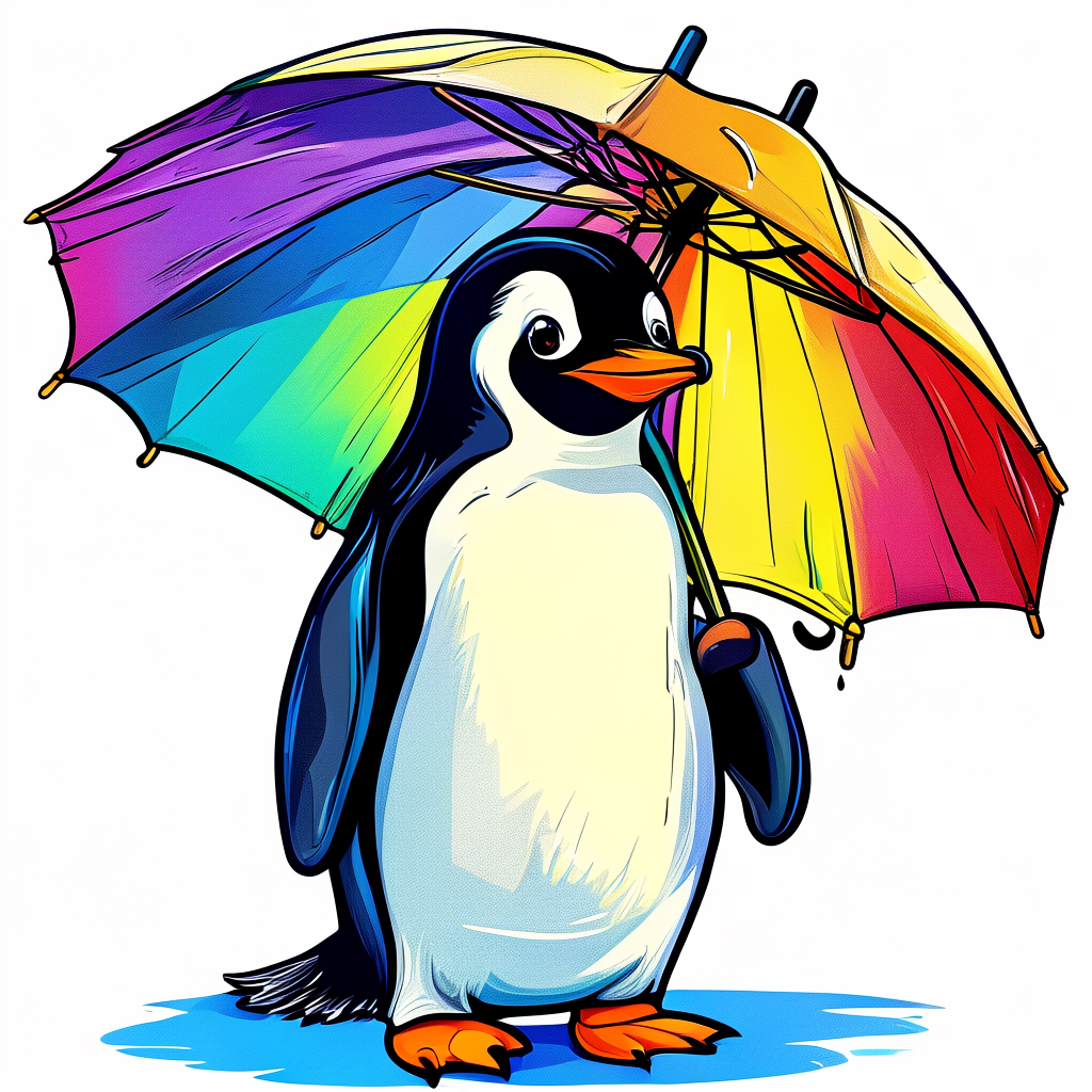 A penguin holding a colorful umbrella