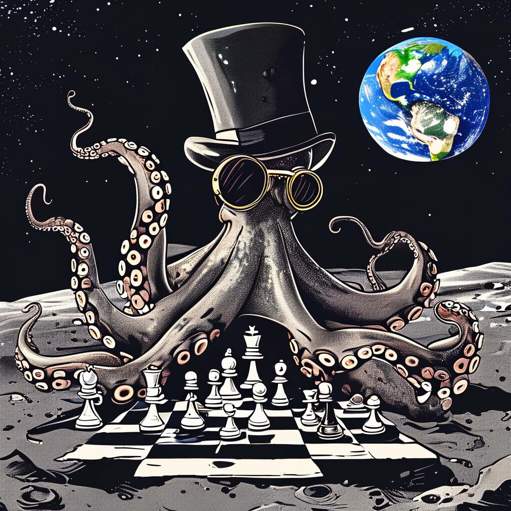 An octopus wearing a top hat and monocle playing chess on th