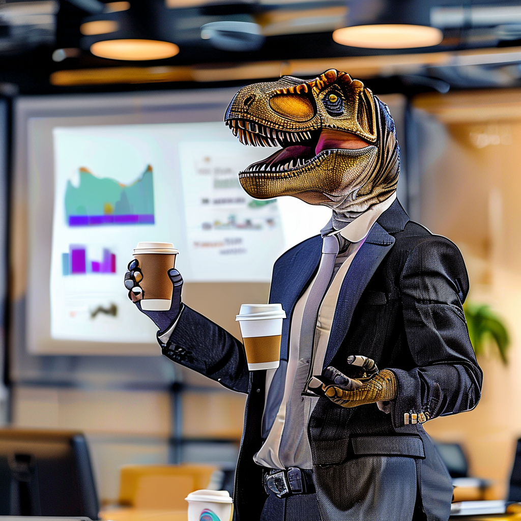 A dinosaur in a business suit giving a PowerPoint presentati
