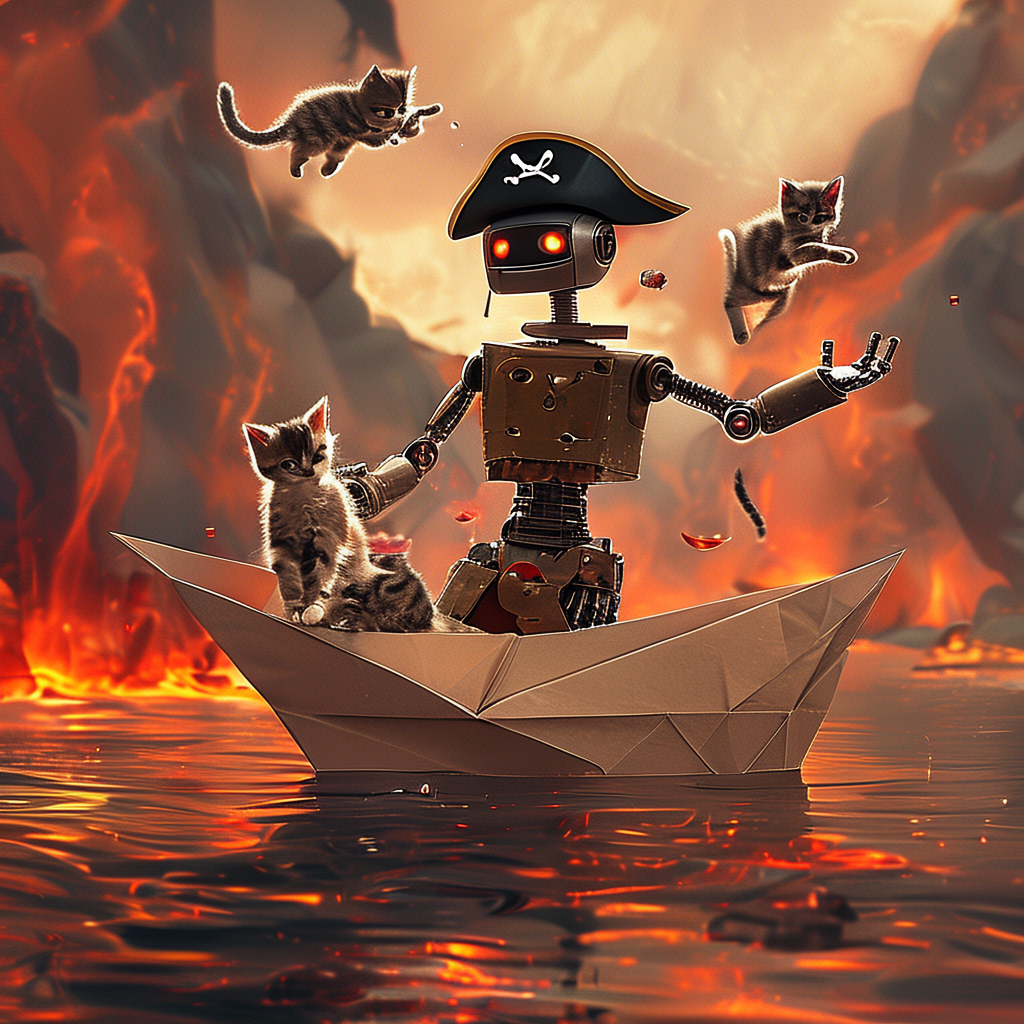 A robot dressed as a pirate sailing a paper boat on a lake o