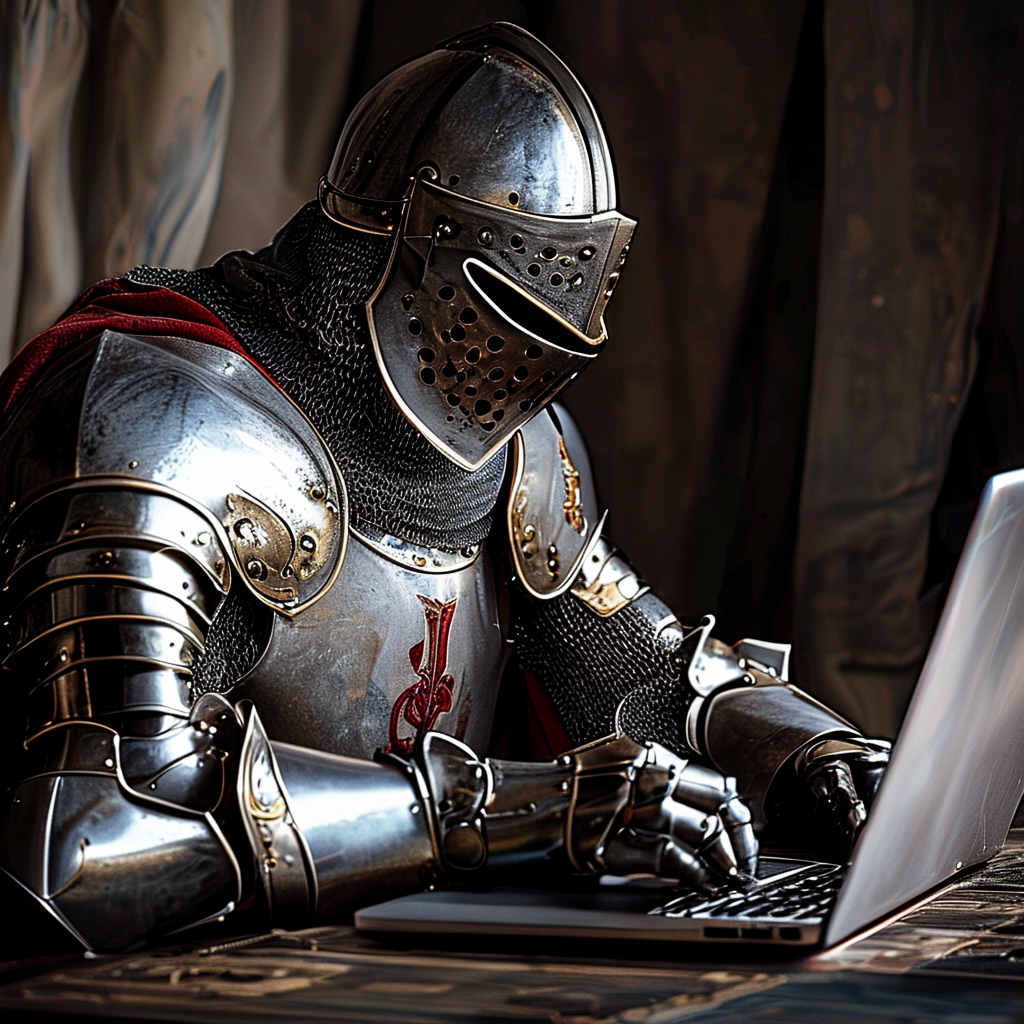 A medieval knight in full armor sitting at a desk typing on 