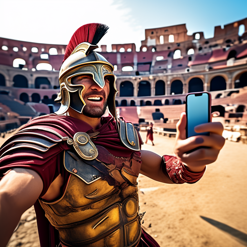 A Roman gladiator taking a selfie with a smartphone in the C