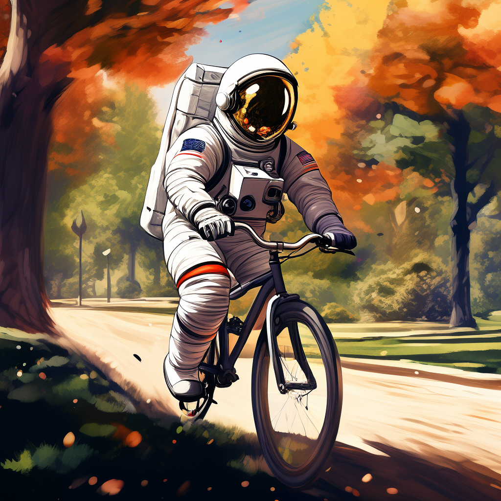 An astronaut in a spacesuit riding a bicycle through a park