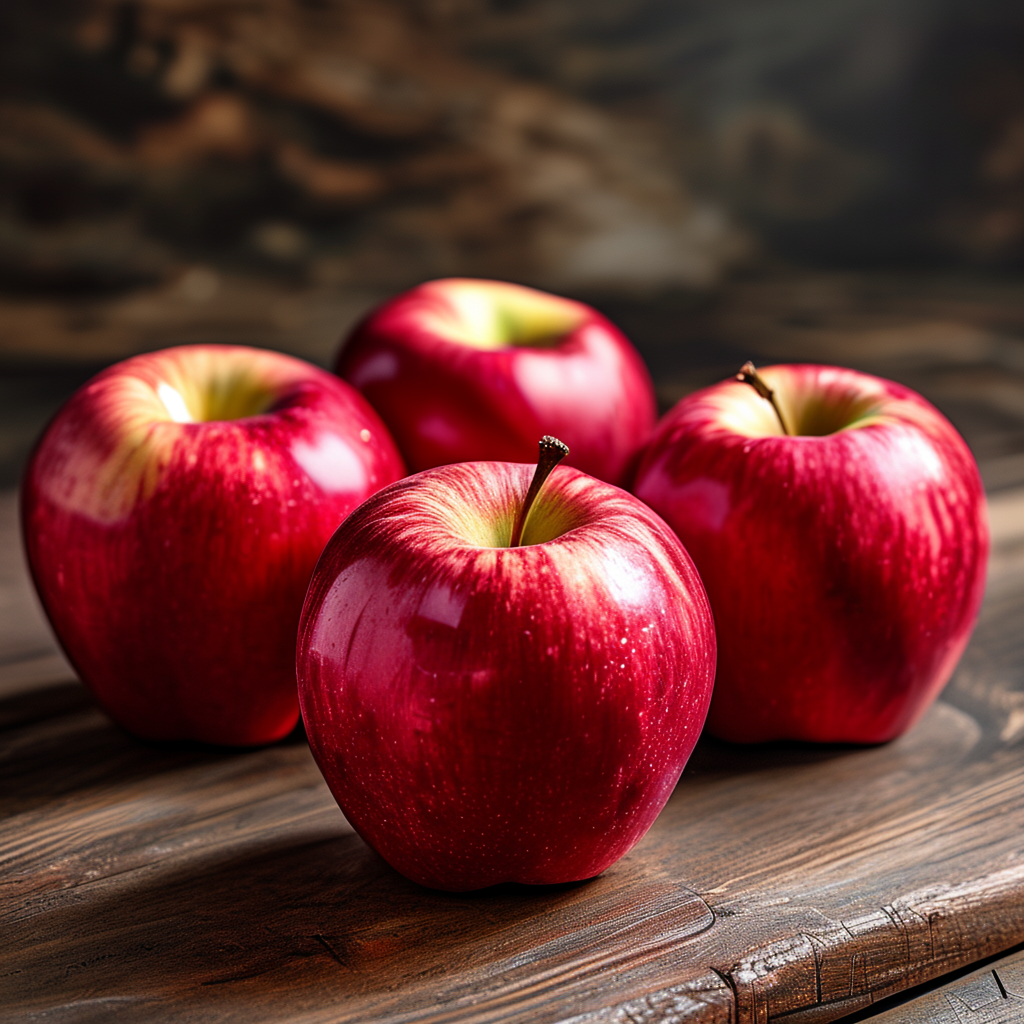 Exactly 3 red apples arranged on a wooden table