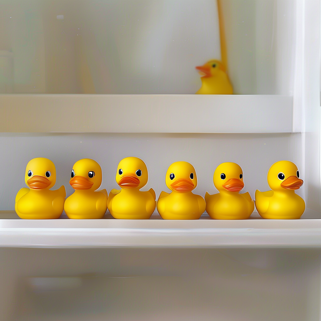 Exactly 5 yellow rubber ducks sitting in a row on a bathroom
