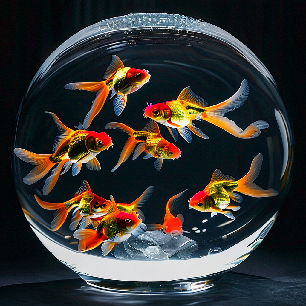 Exactly 9 goldfish swimming in a large round fishbowl