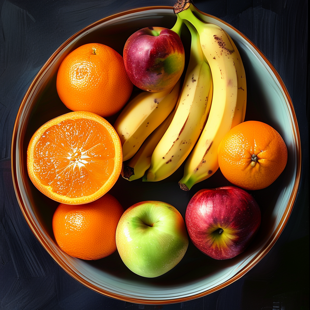 A fruit bowl containing exactly 3 bananas, 4 oranges, and 2 