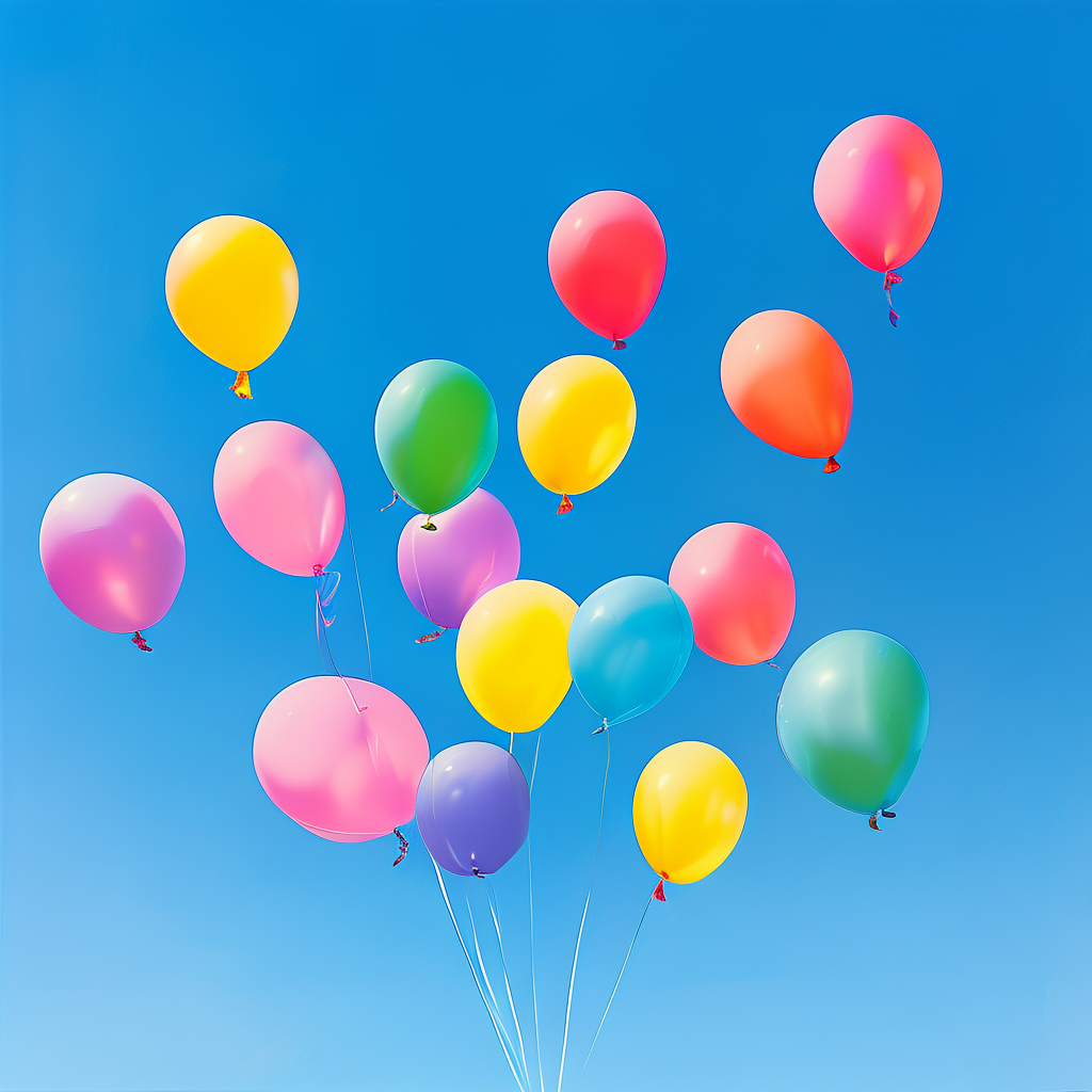 Exactly 11 colorful balloons floating against a clear blue s