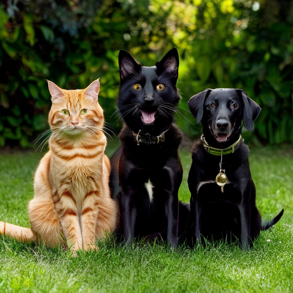 2 orange cats and 3 black dogs sitting together on a grassy 