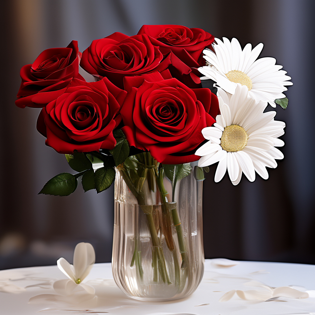4 red roses and 2 white daisies in a glass vase on a table