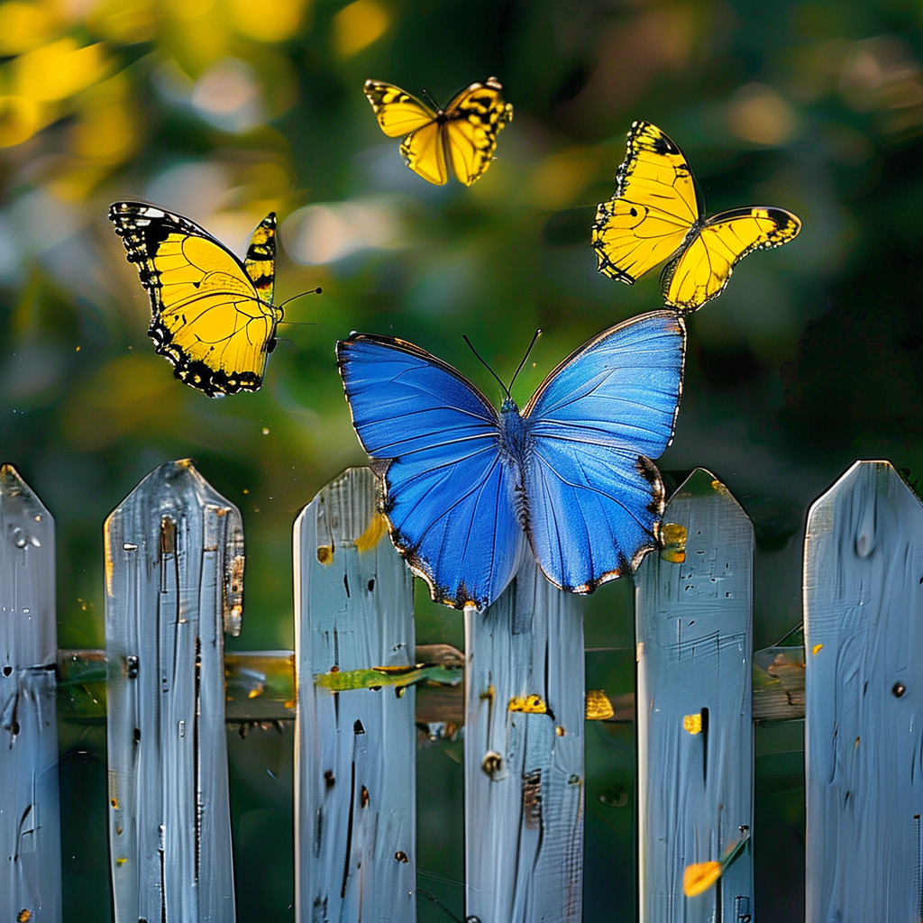 1 blue butterfly and 3 yellow butterflies resting on a garde