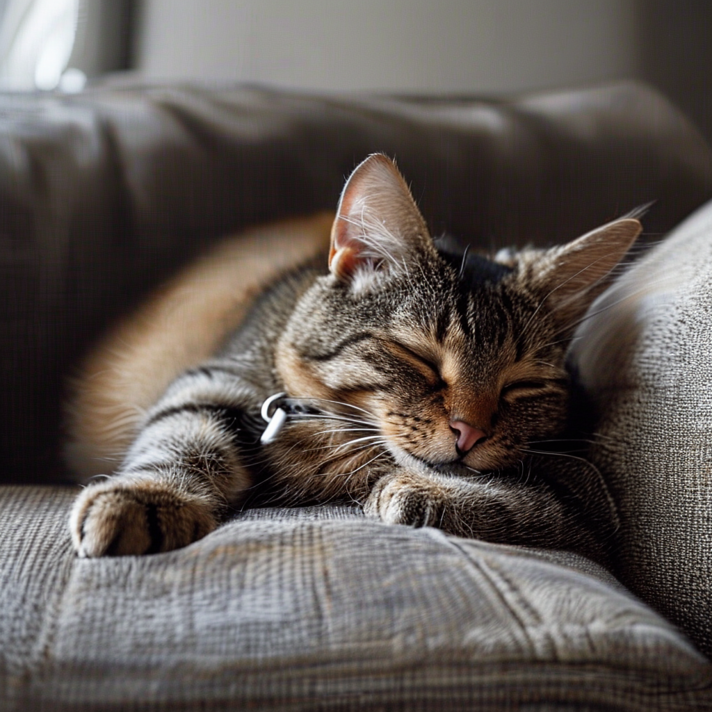 A cat lying on a couch without a collar