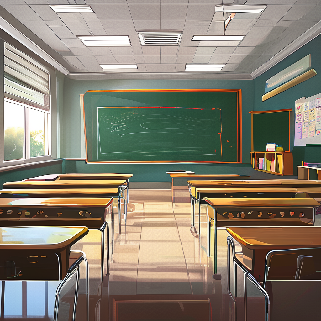 A classroom with desks and a chalkboard but no students