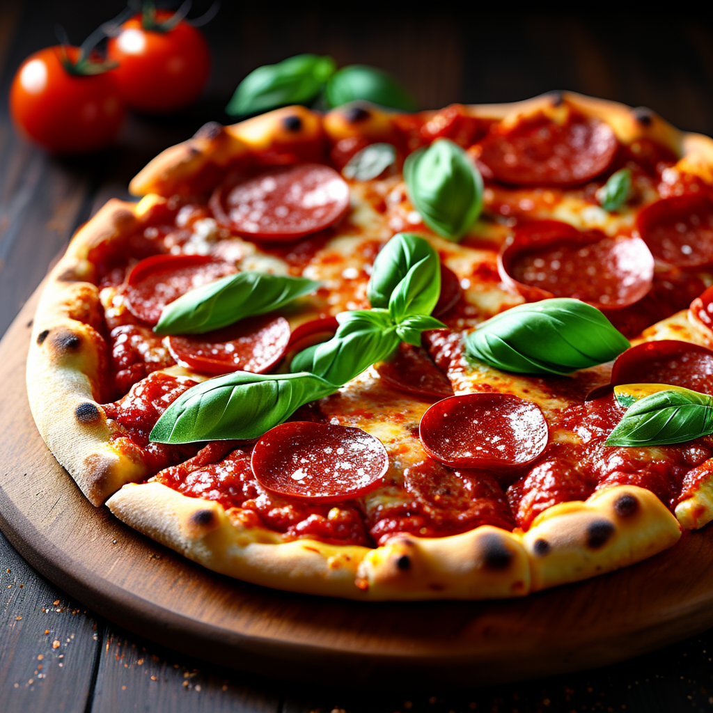 A pepperoni pizza with tomato sauce, basil, and crust but ab