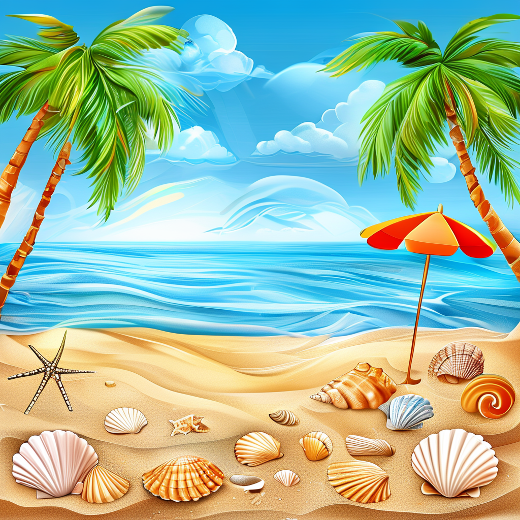 A sandy beach with palm trees, seashells, and a beach umbrel
