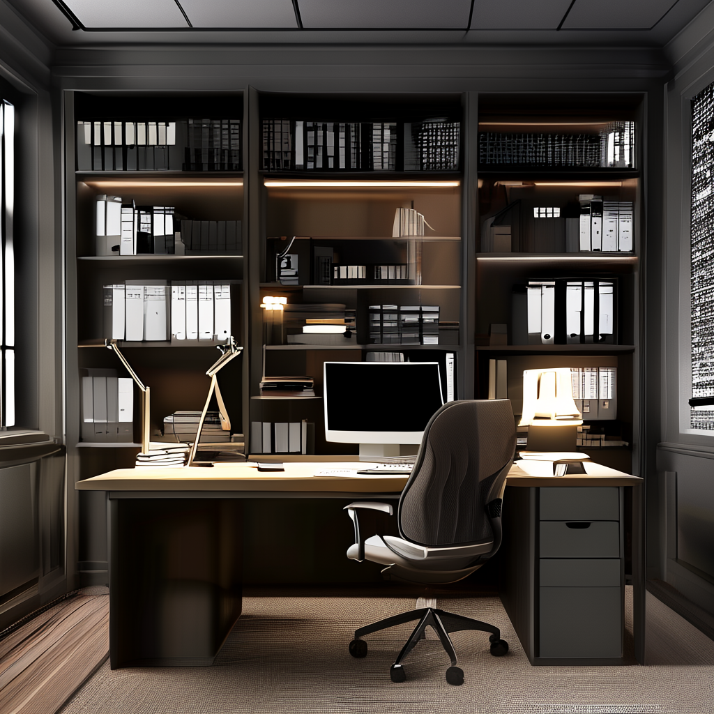An office workspace with a desk, chair, bookshelf, and lamp 