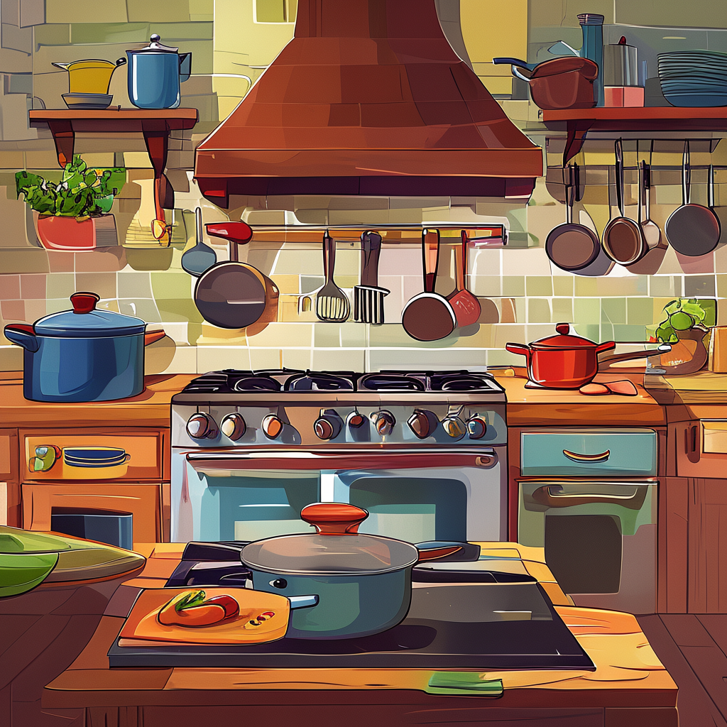 A kitchen with pots, pans, a stove, and a cutting board but 
