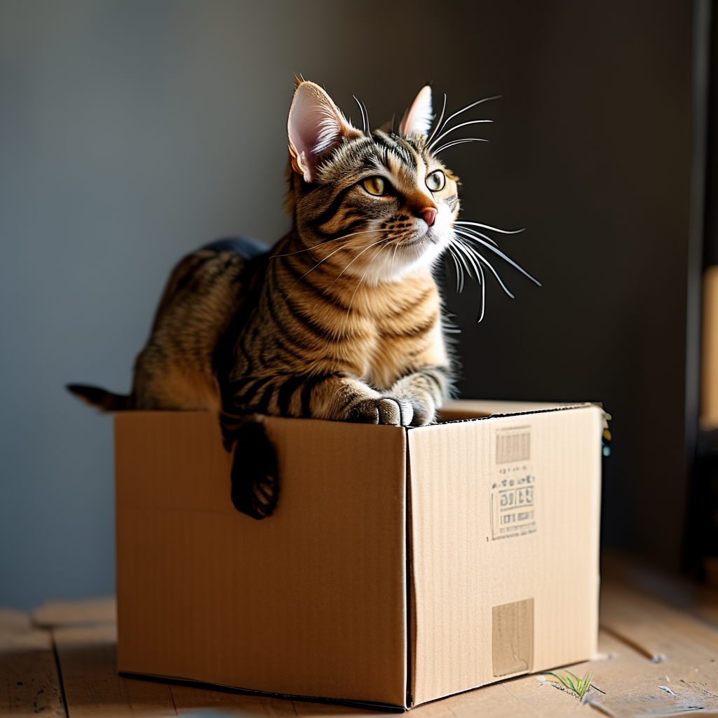 A cat sitting on top of a cardboard box