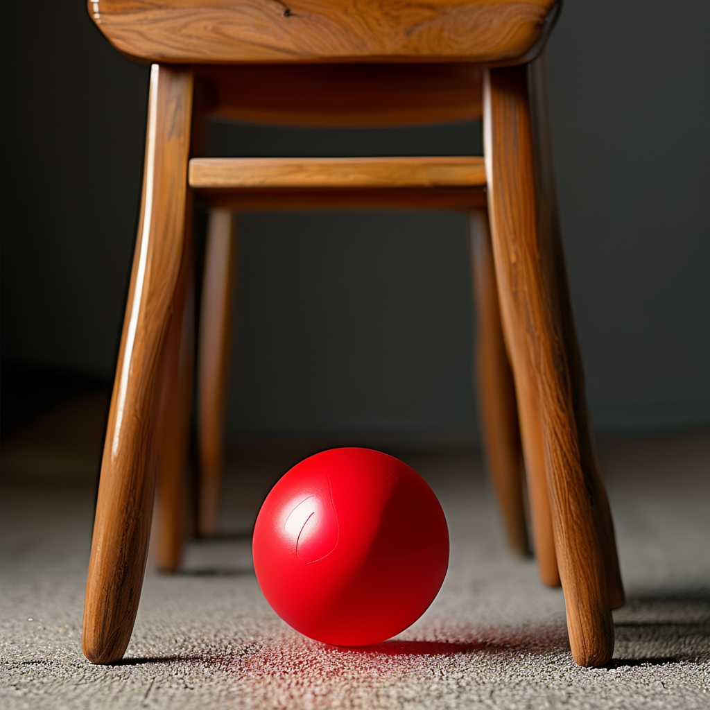 A red ball underneath a wooden chair