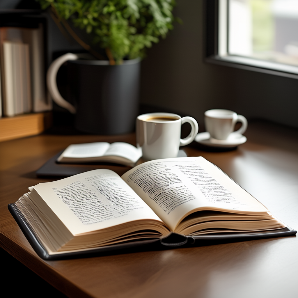 A coffee mug next to an open book on a desk