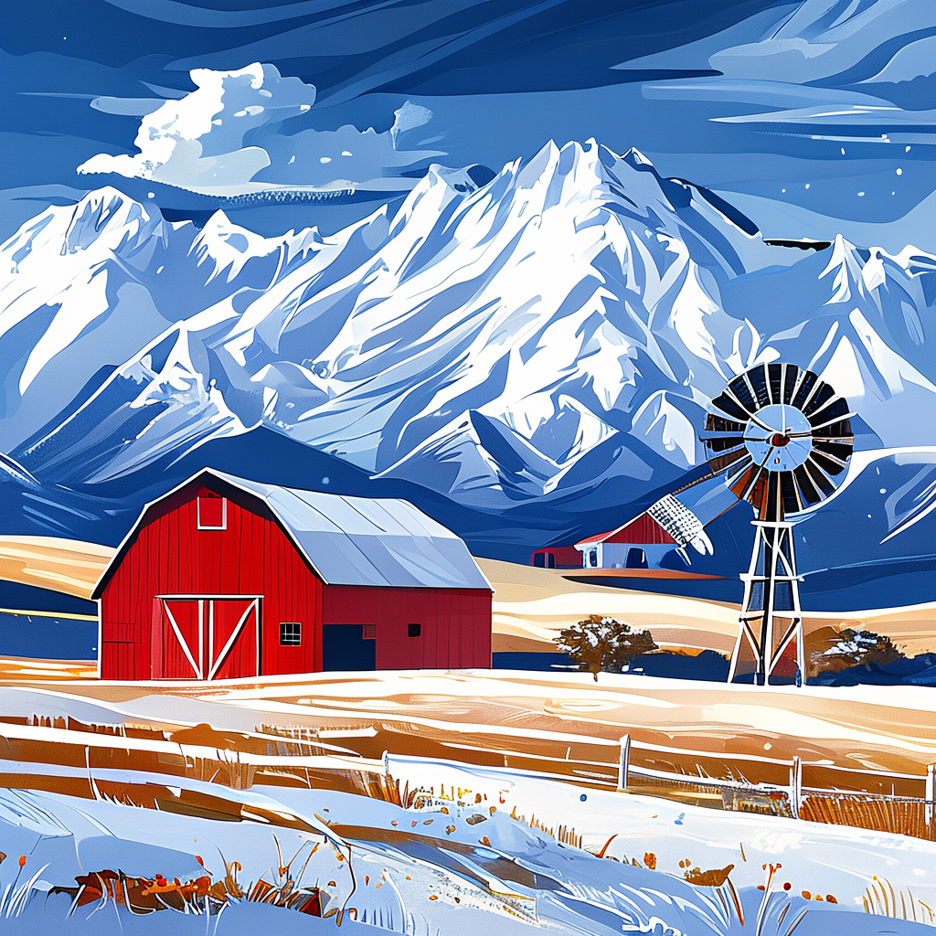 A landscape with a red barn in the foreground at large scale