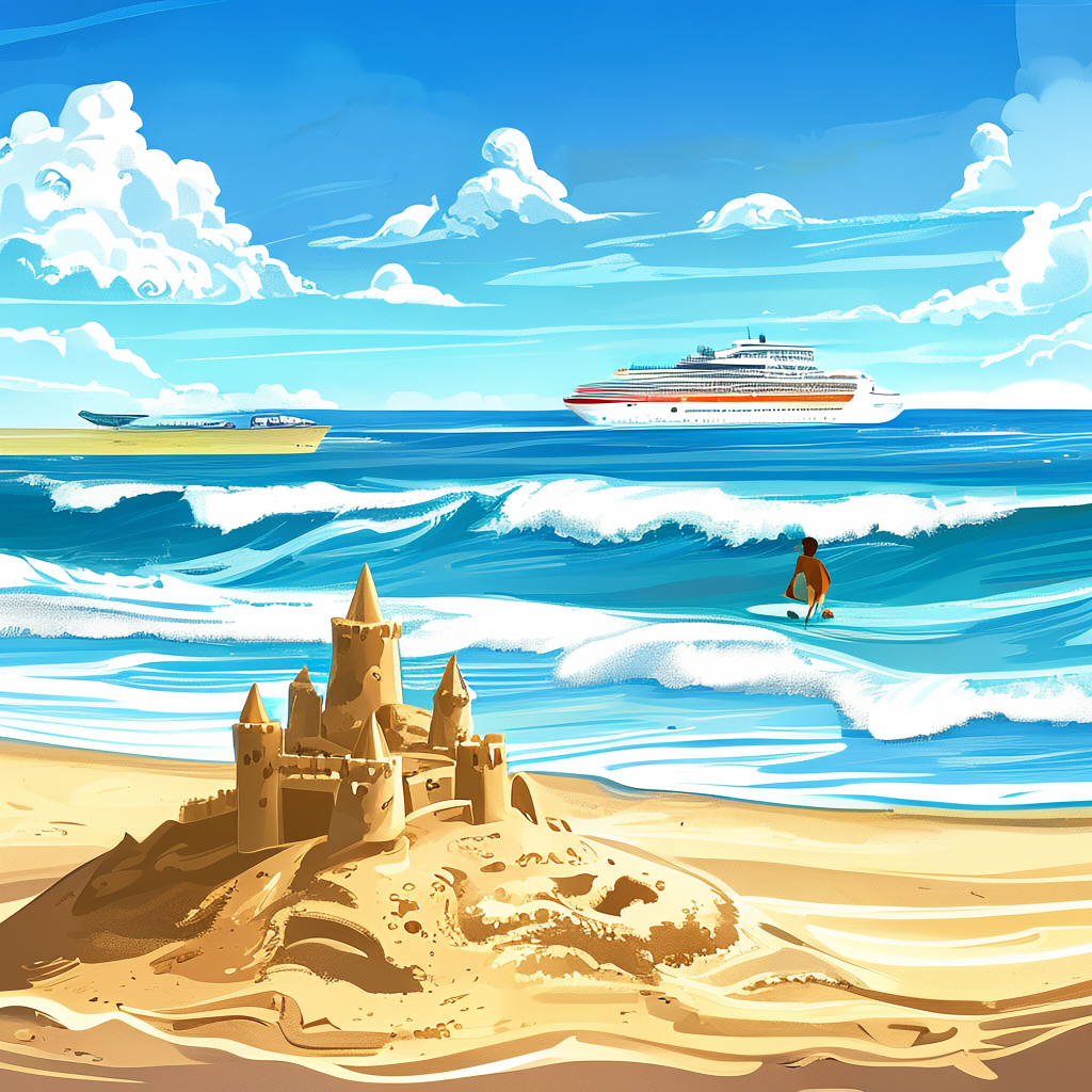 A beach scene with a sandcastle in the foreground, a surfer 