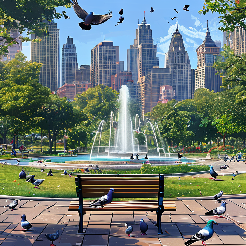 A city park with a park bench and pigeons in the foreground,