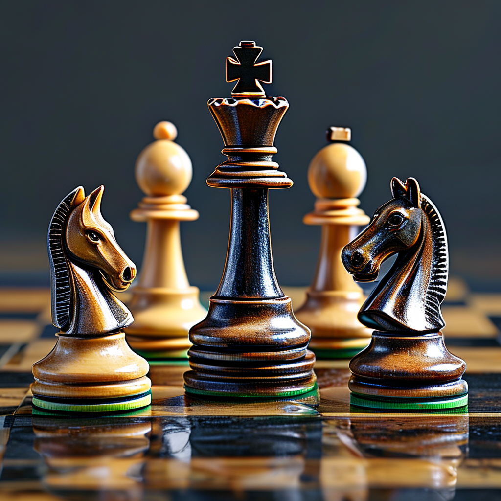 Five chess pieces on a board: a king in the center, a queen 