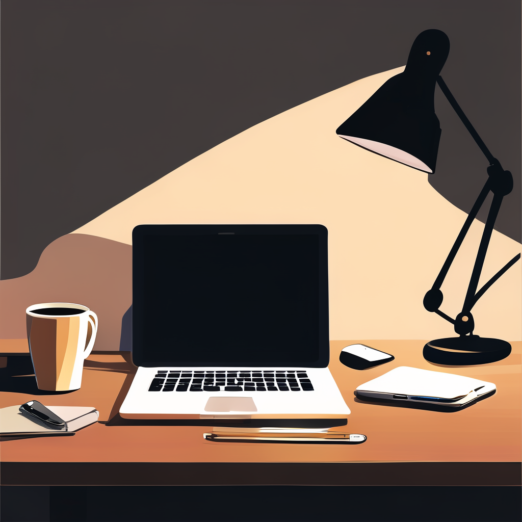 A desk scene: laptop in the center, coffee mug to the left, 