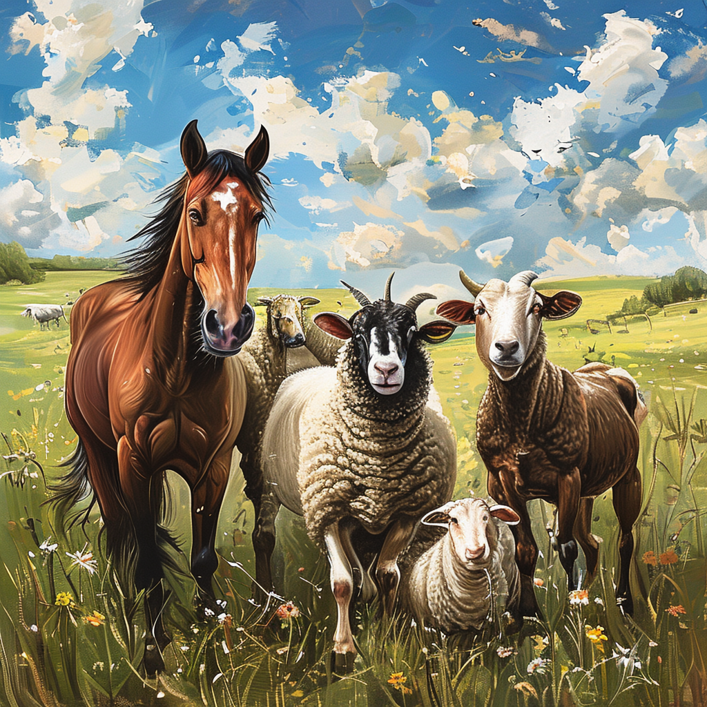 Five animals in a field: a horse on the far left, a cow to t