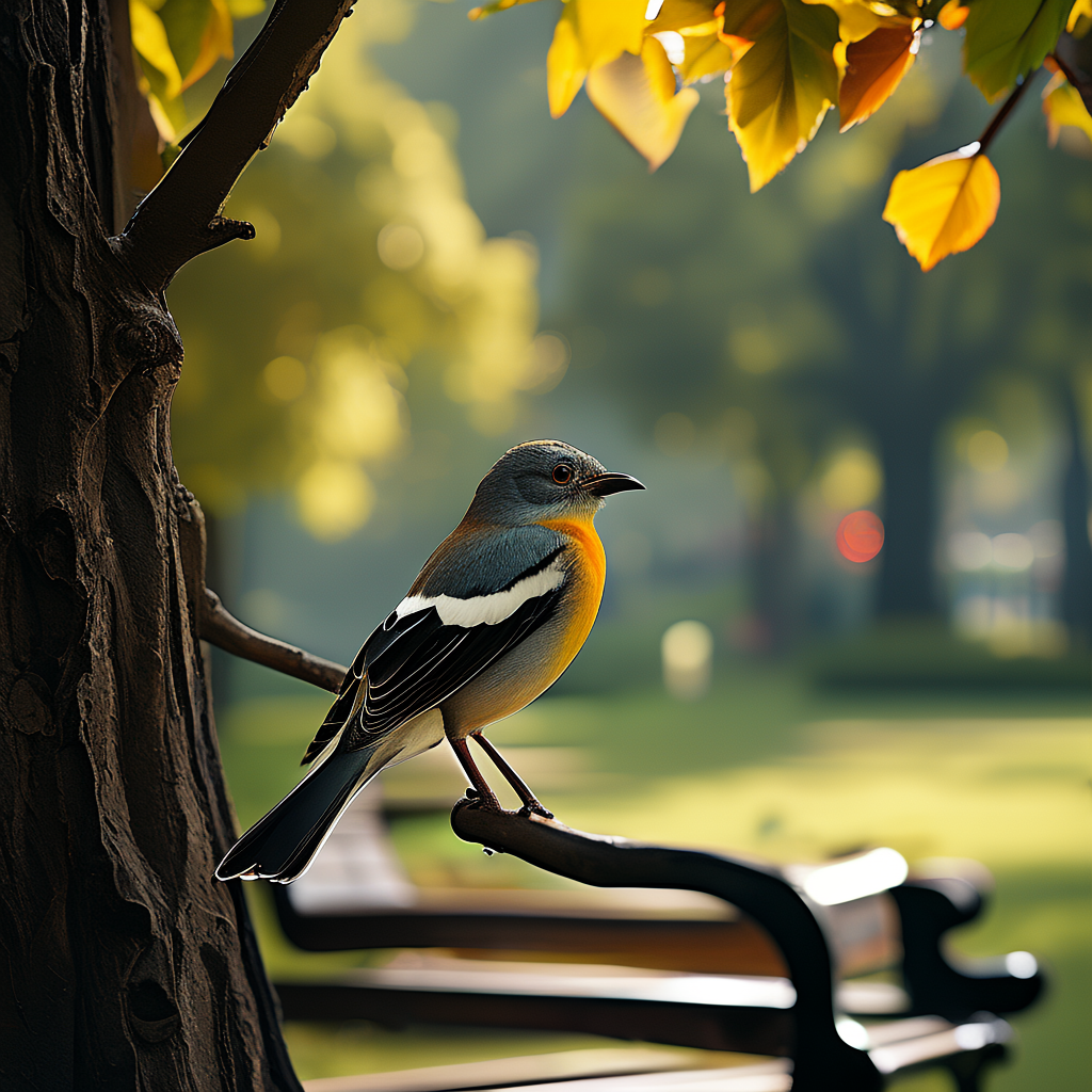 A bird perched on a branch, the branch extending from a tree