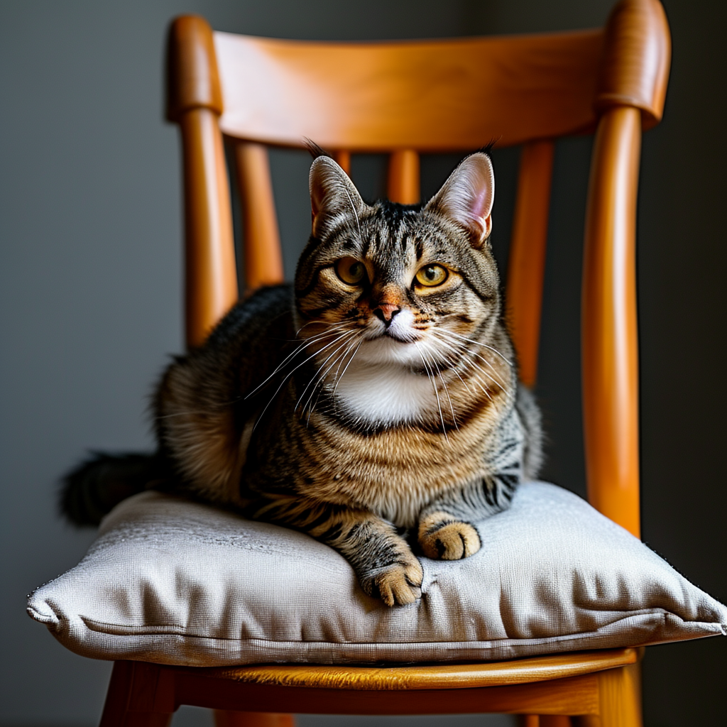 A cat sitting on a pillow, the pillow placed on a wooden cha