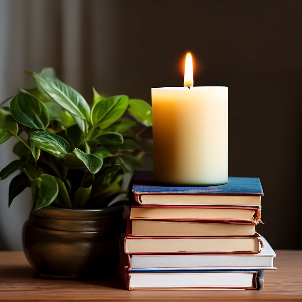 A candle on top of a stack of books, the books next to a pot