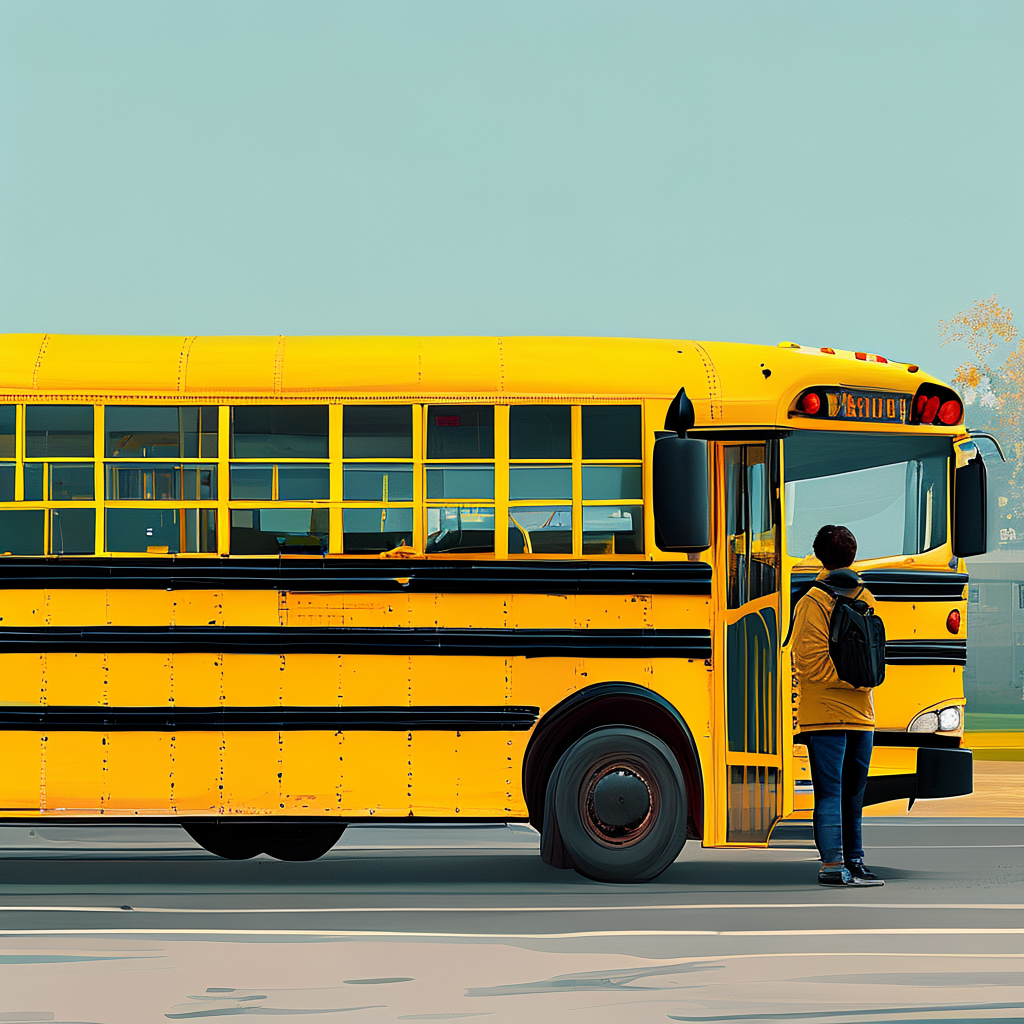 A person standing next to a yellow school bus, showing reali