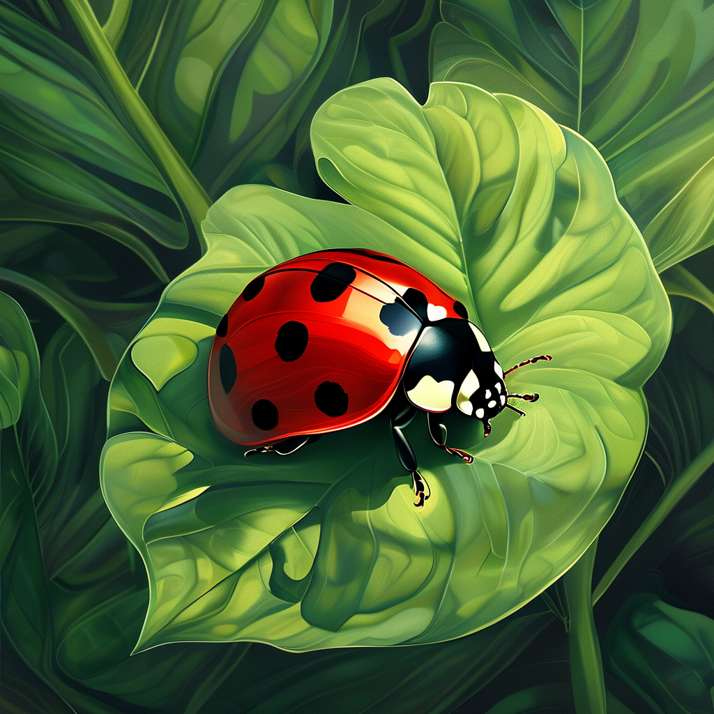 A ladybug sitting on a large green leaf, shown at realistic 