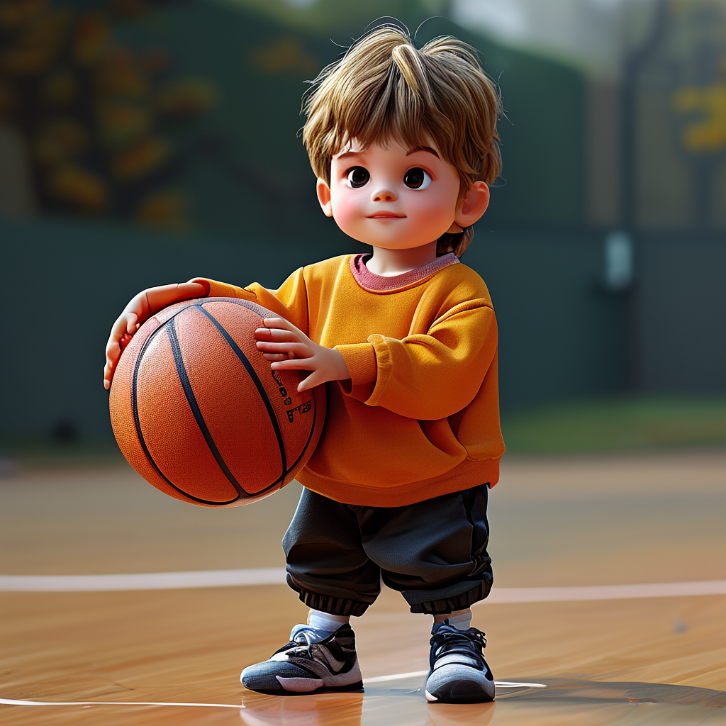 A child holding a basketball, both at correct relative sizes