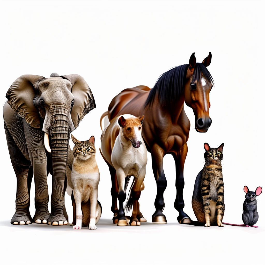A group photo of an elephant, a horse, a dog, a cat, and a m