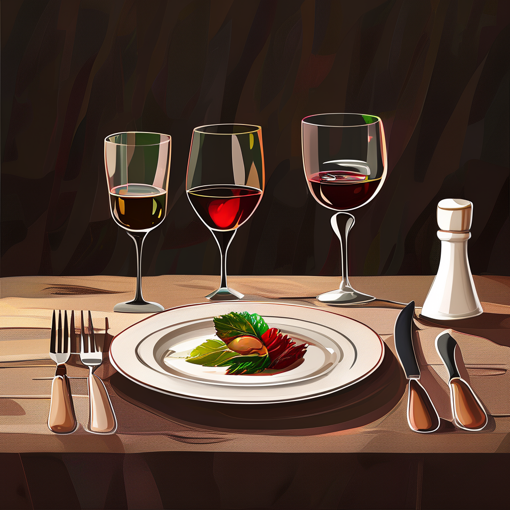 A dinner table scene with a plate, fork, knife, wine glass, 