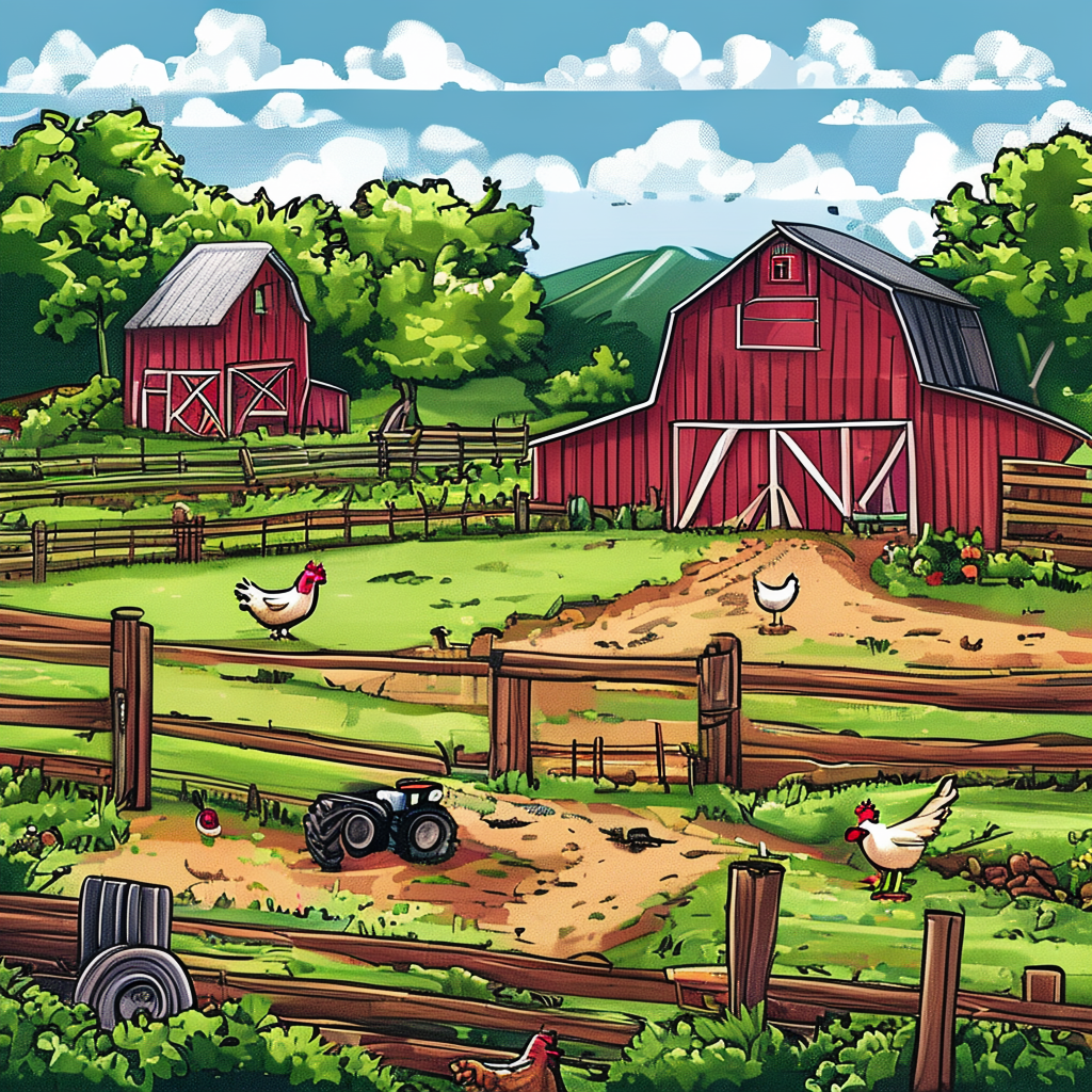 A farm scene with a barn, tractor, farmer, cow, chicken, and