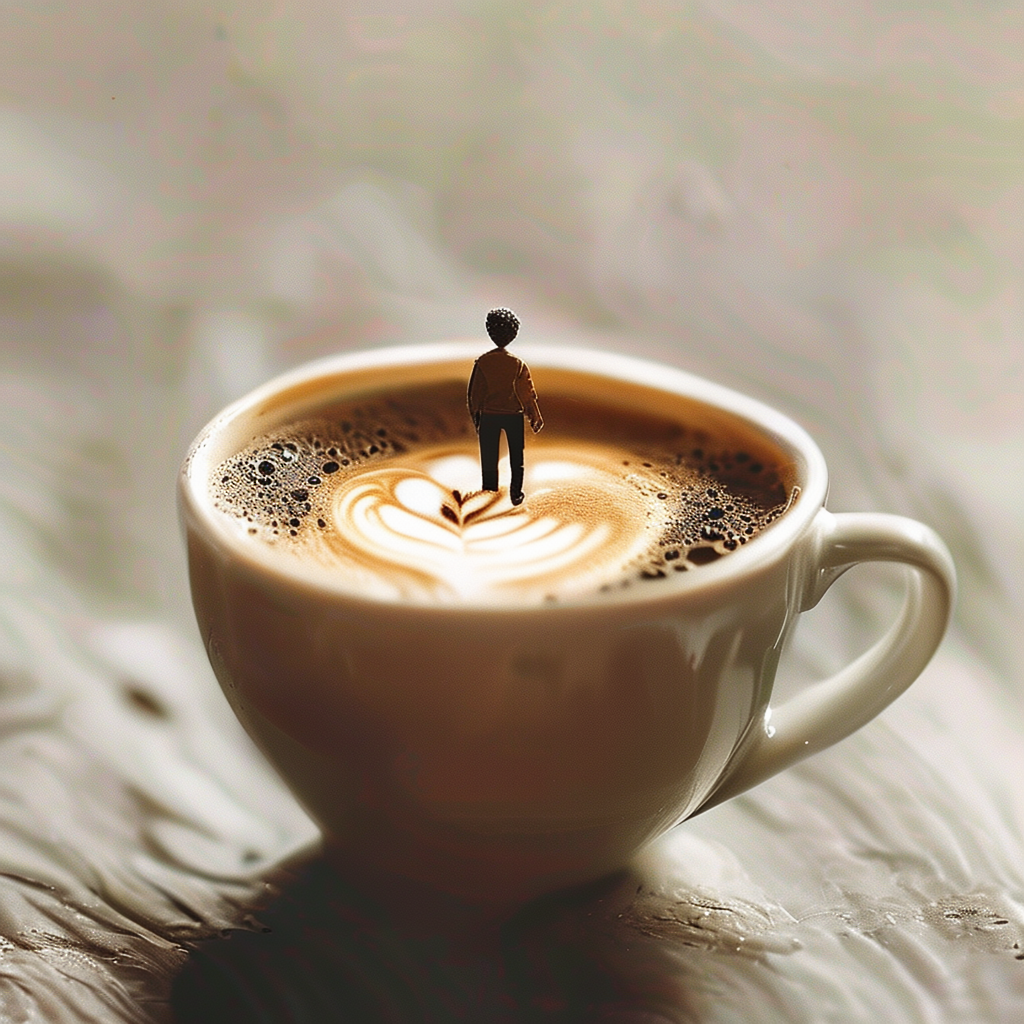 A tiny person standing on the rim of a coffee cup, looking d