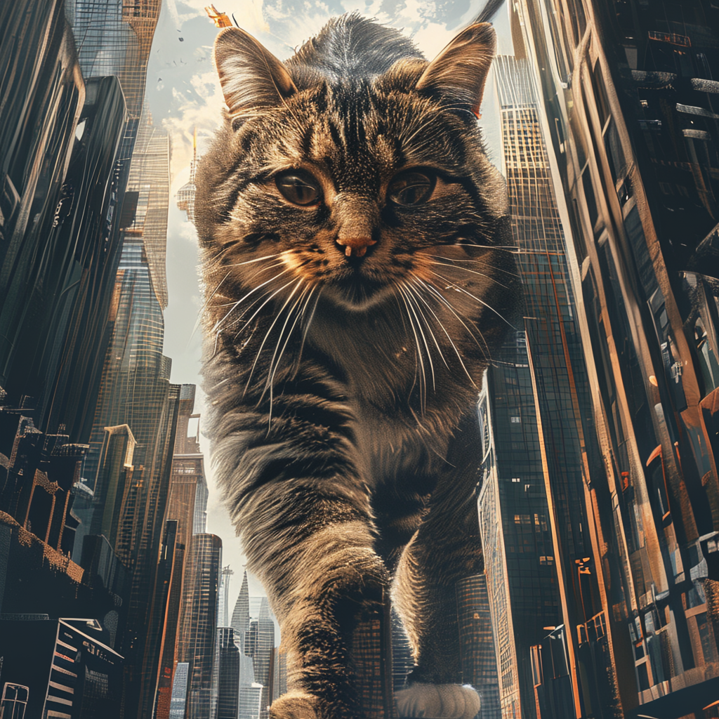 A giant tabby cat walking between city skyscrapers like a ka