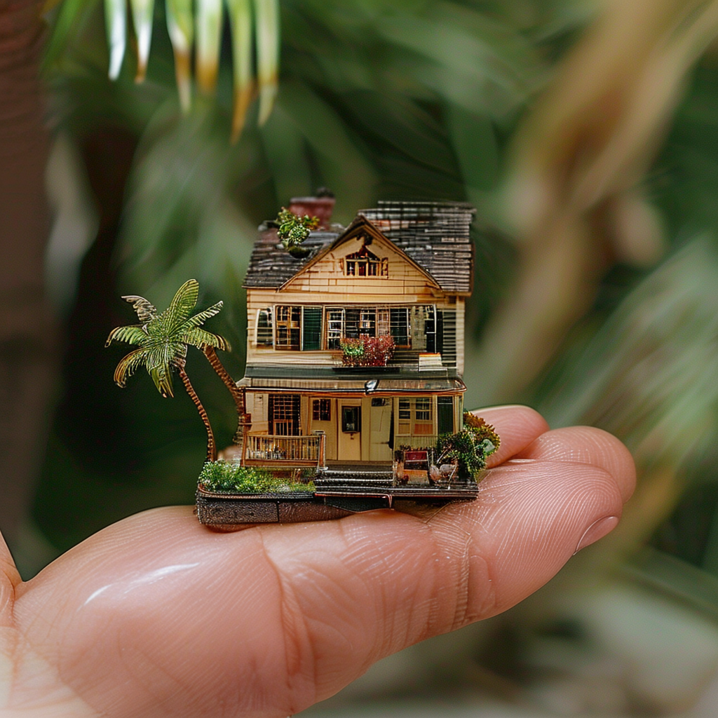 A miniature house sitting on the palm of someone's hand