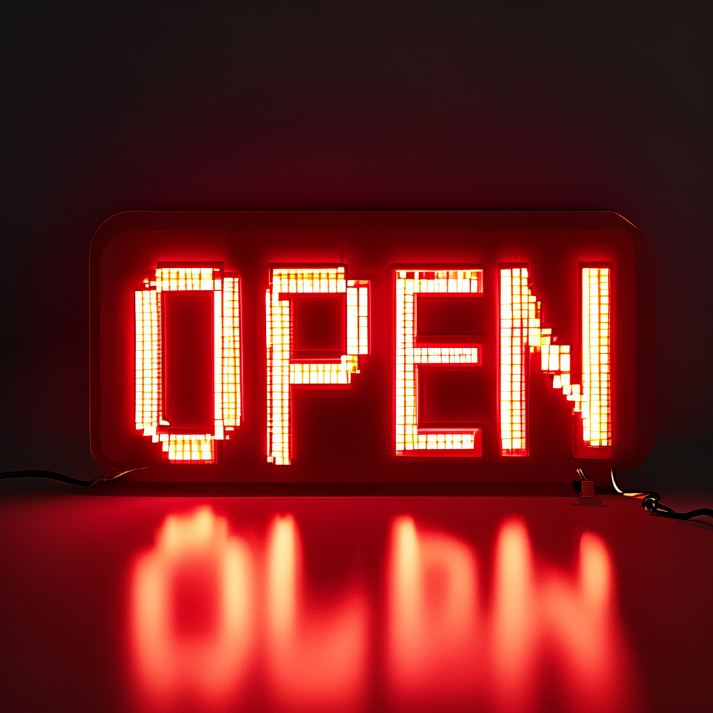 The word 'OPEN' displayed on a red LED sign with glowing pix