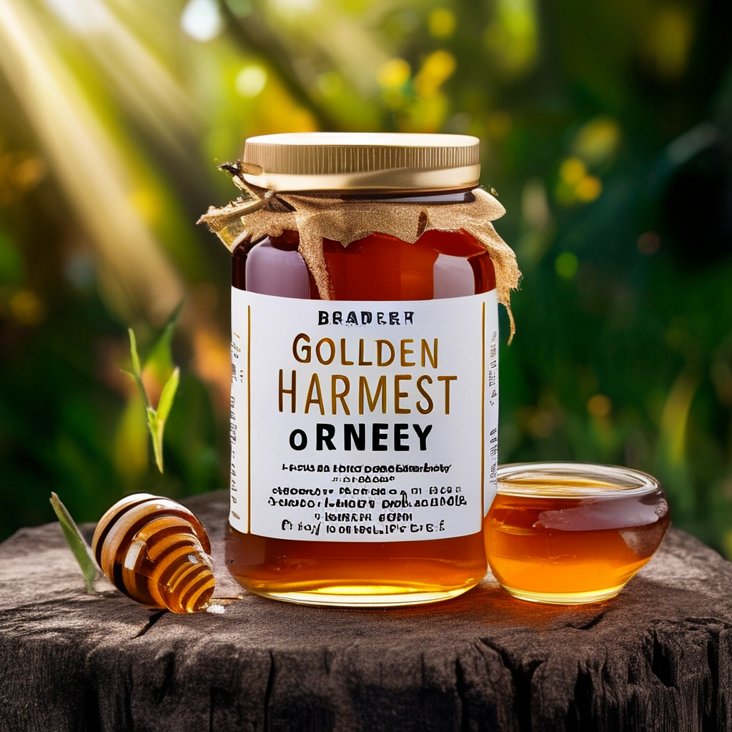 A product label for 'GOLDEN HARVEST ORGANIC HONEY' with subt