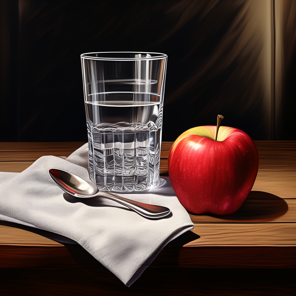A still life on a wooden table featuring a clear glass of wa