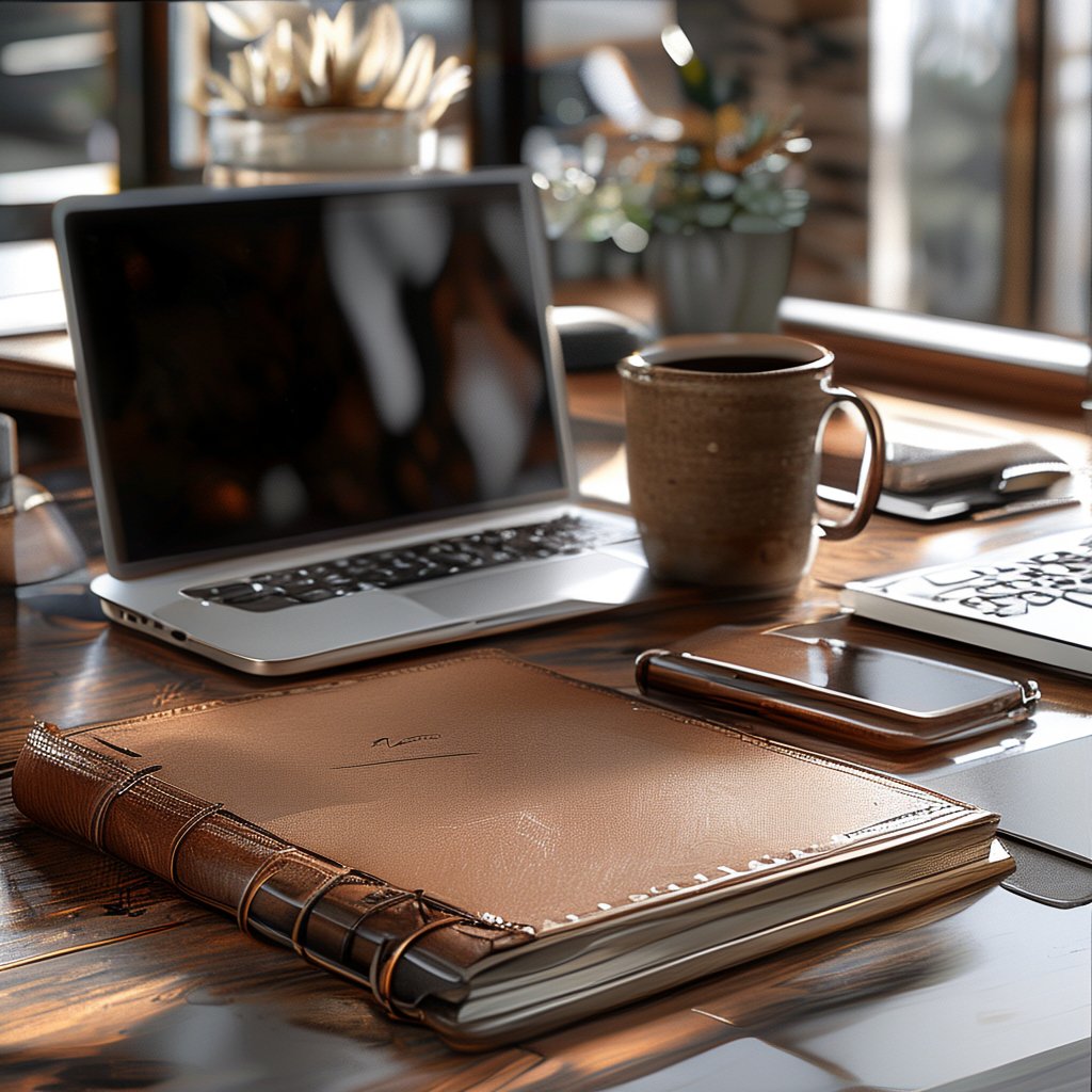A workspace desk with a brushed aluminum laptop, a leather-b