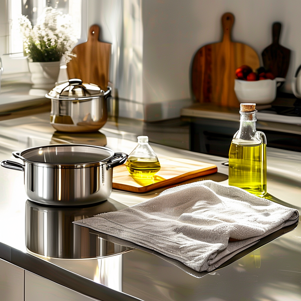 A kitchen counter with a stainless steel pot, a wooden cutti