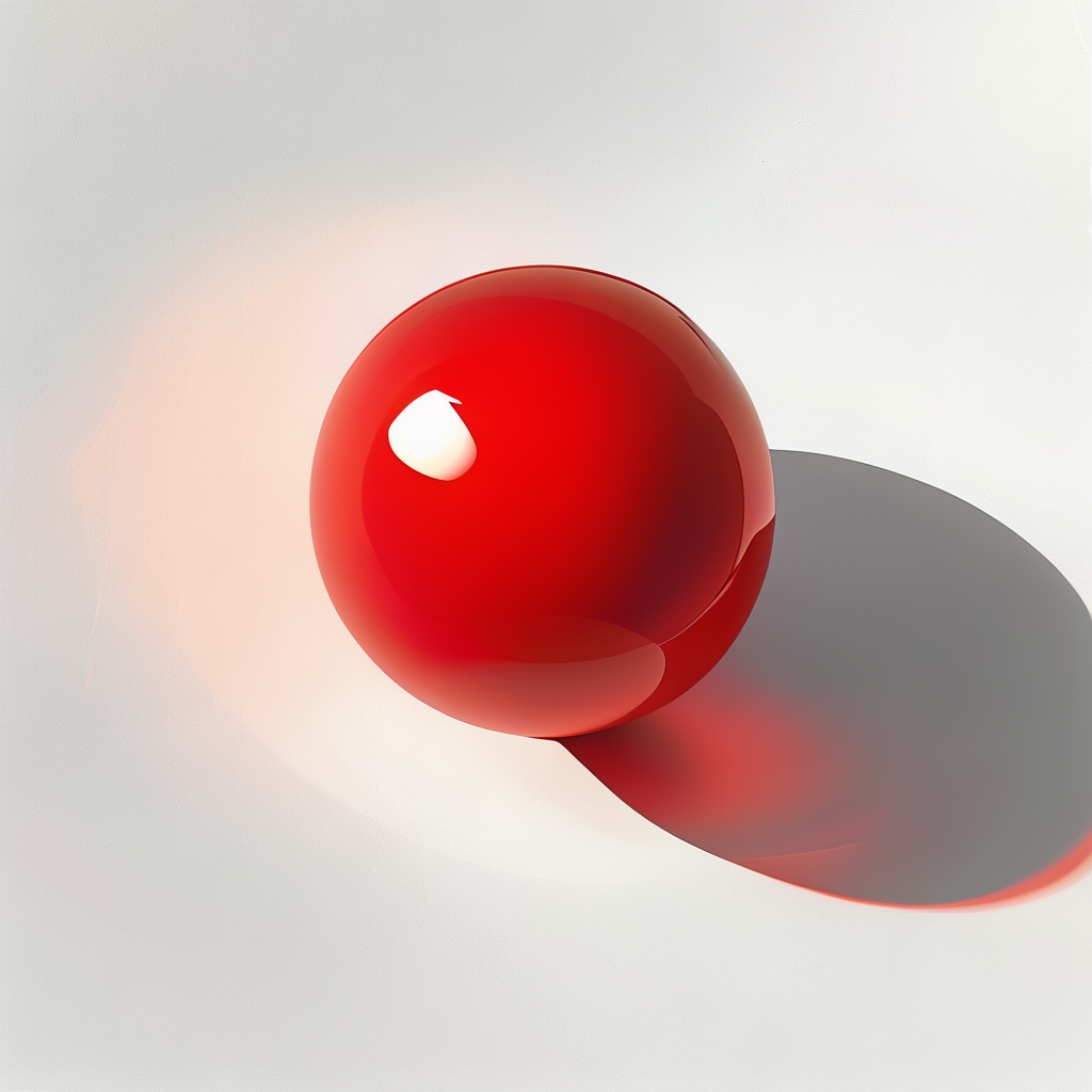 A red sphere on a white surface with a single shadow cast to