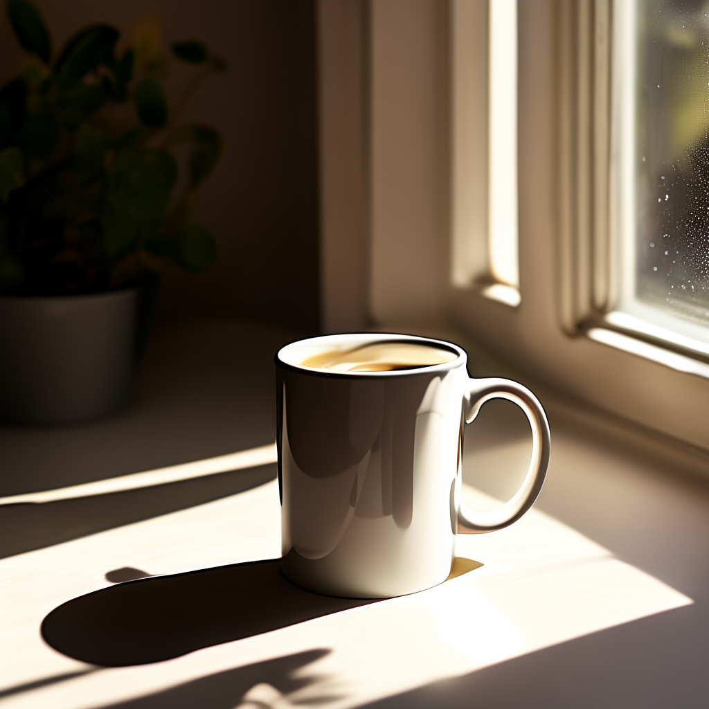 A coffee mug on a sunny windowsill casting a sharp shadow to