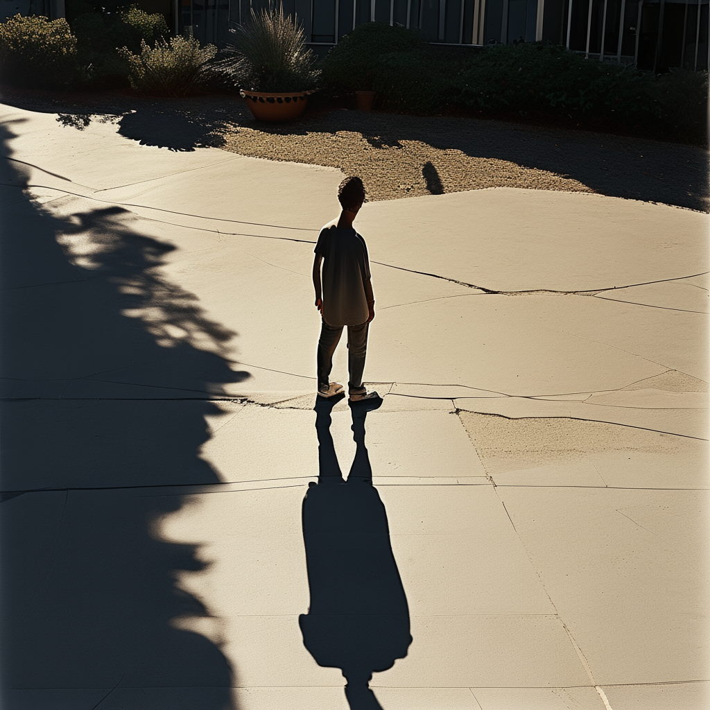 A person standing outdoors at midday with a short shadow dir